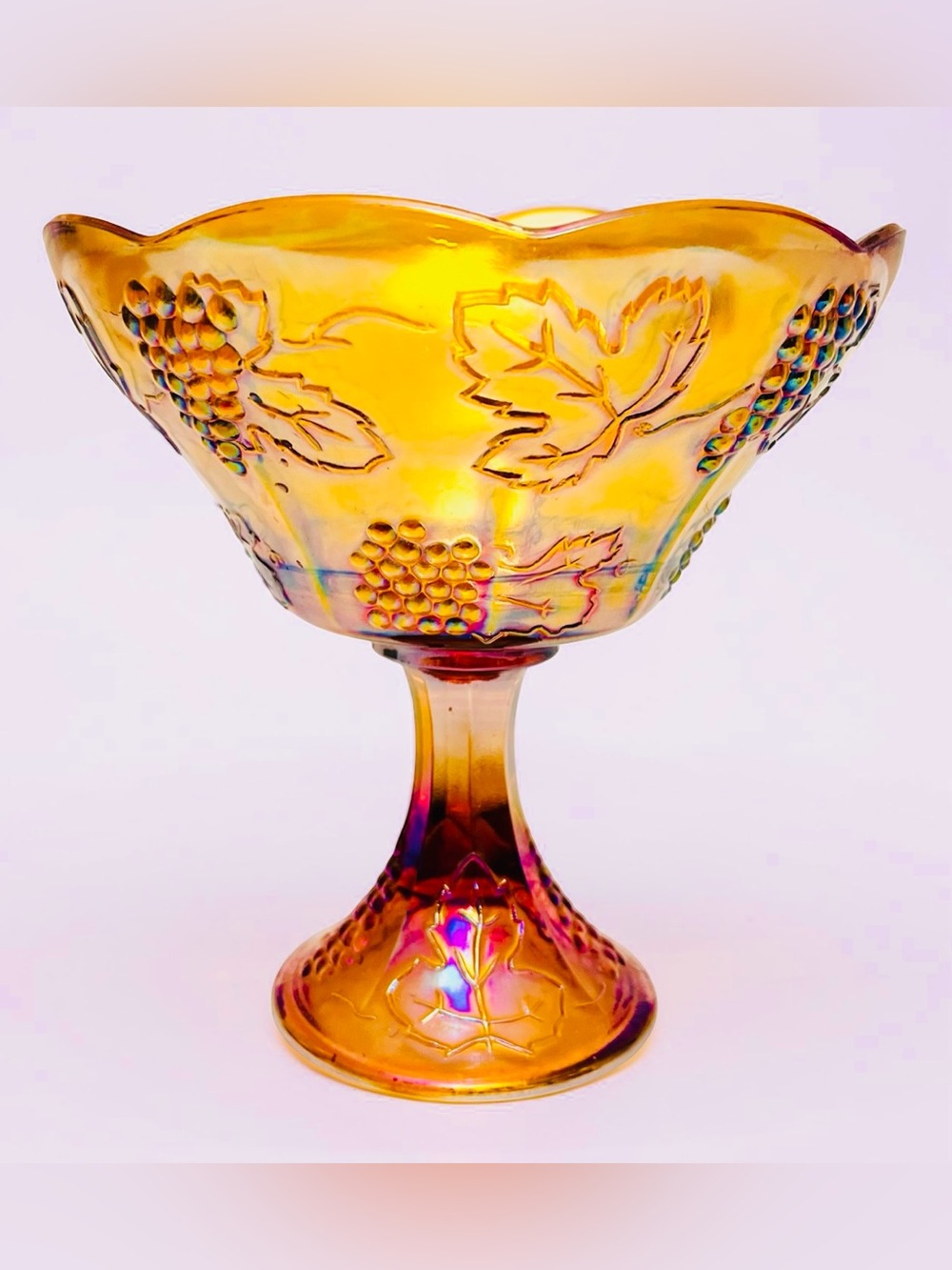 Vintage Indiana Glass Harvest Grape Carnival Glass Pedestal Compote Bowl